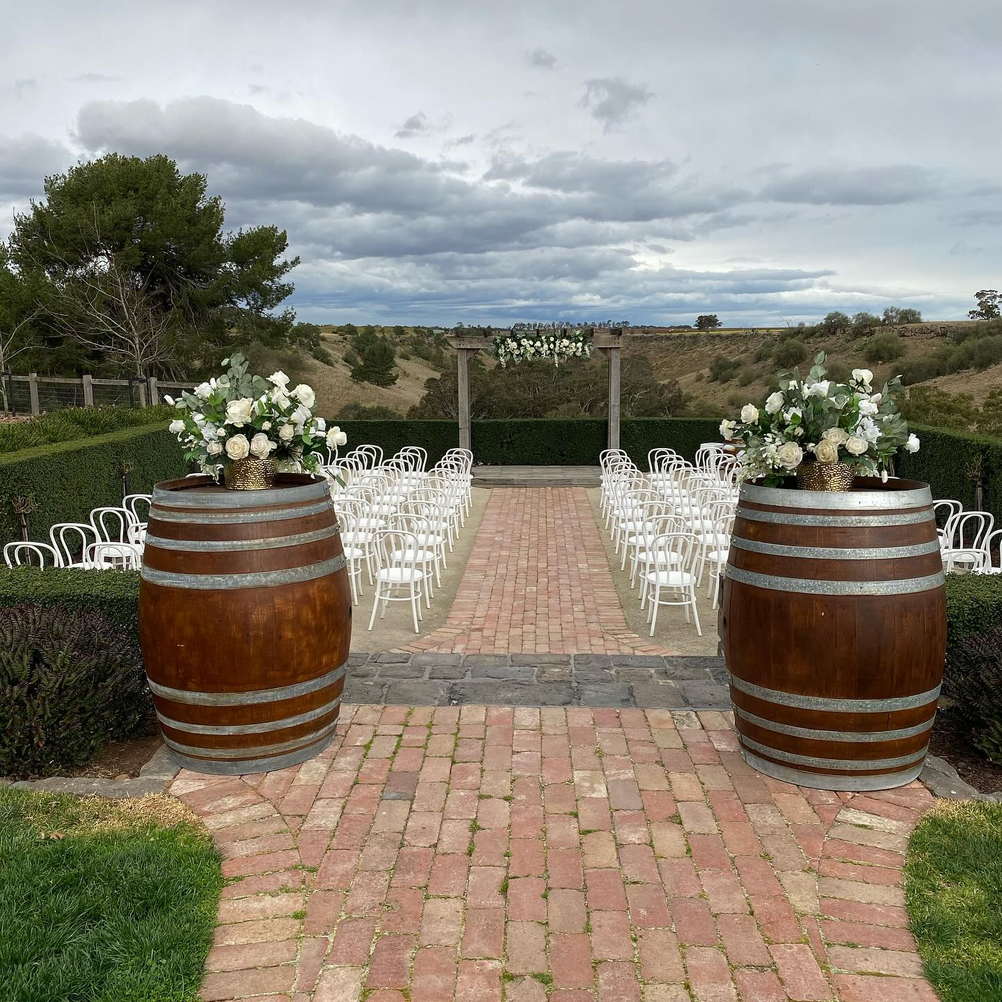 Wedding Ceremony Arbour, Silk Florals, Wine Barrels