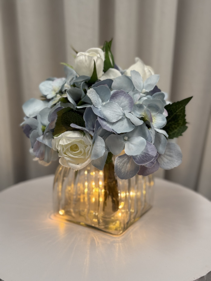 Small Light Blue Hydrangea & White Rose Arrangement Photo - 1