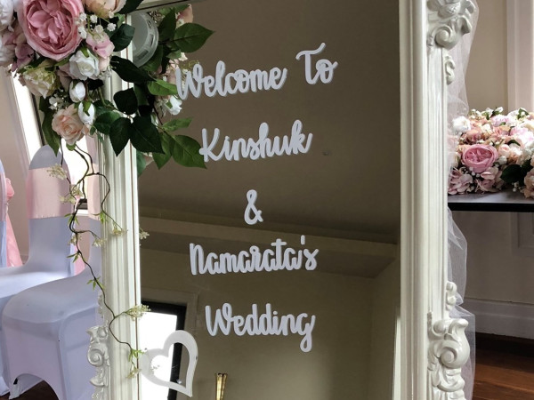 White Framed Mirror Signage with Personalised Lettering Photo