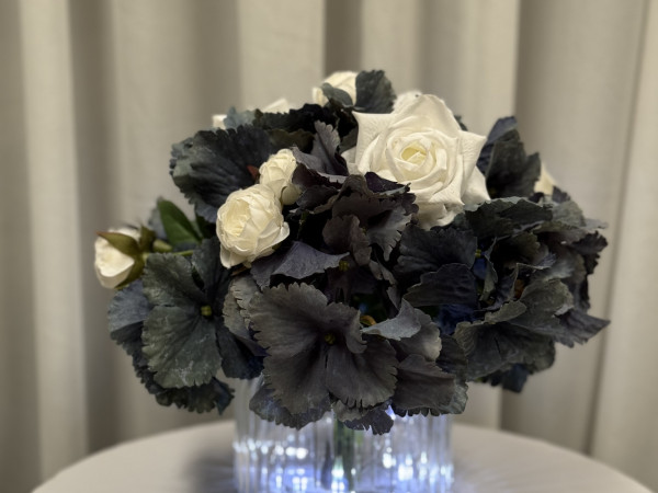 Small Navy Blue Hydrangea & White Rose Centrepiece Photo