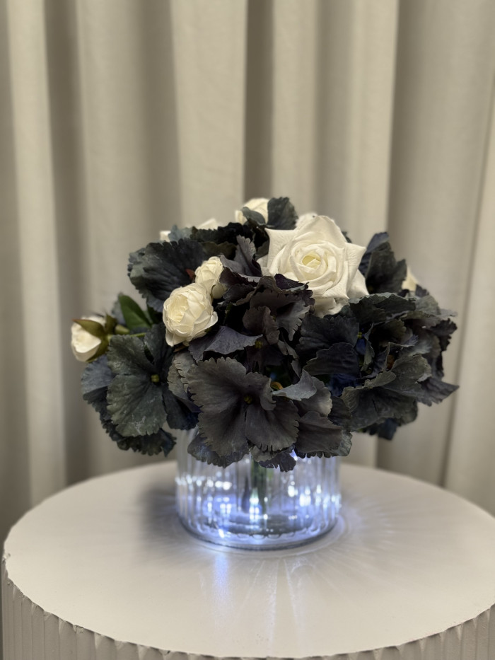 Small Navy Blue Hydrangea & White Rose Arrangement Photo - 1