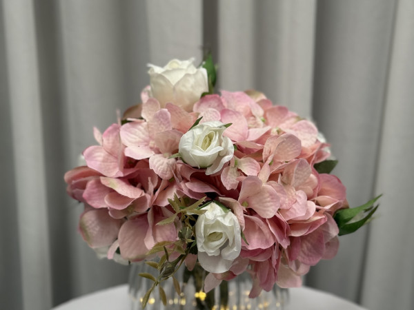 Small Pink Hydrangea & White Rose Centerpiece Photo