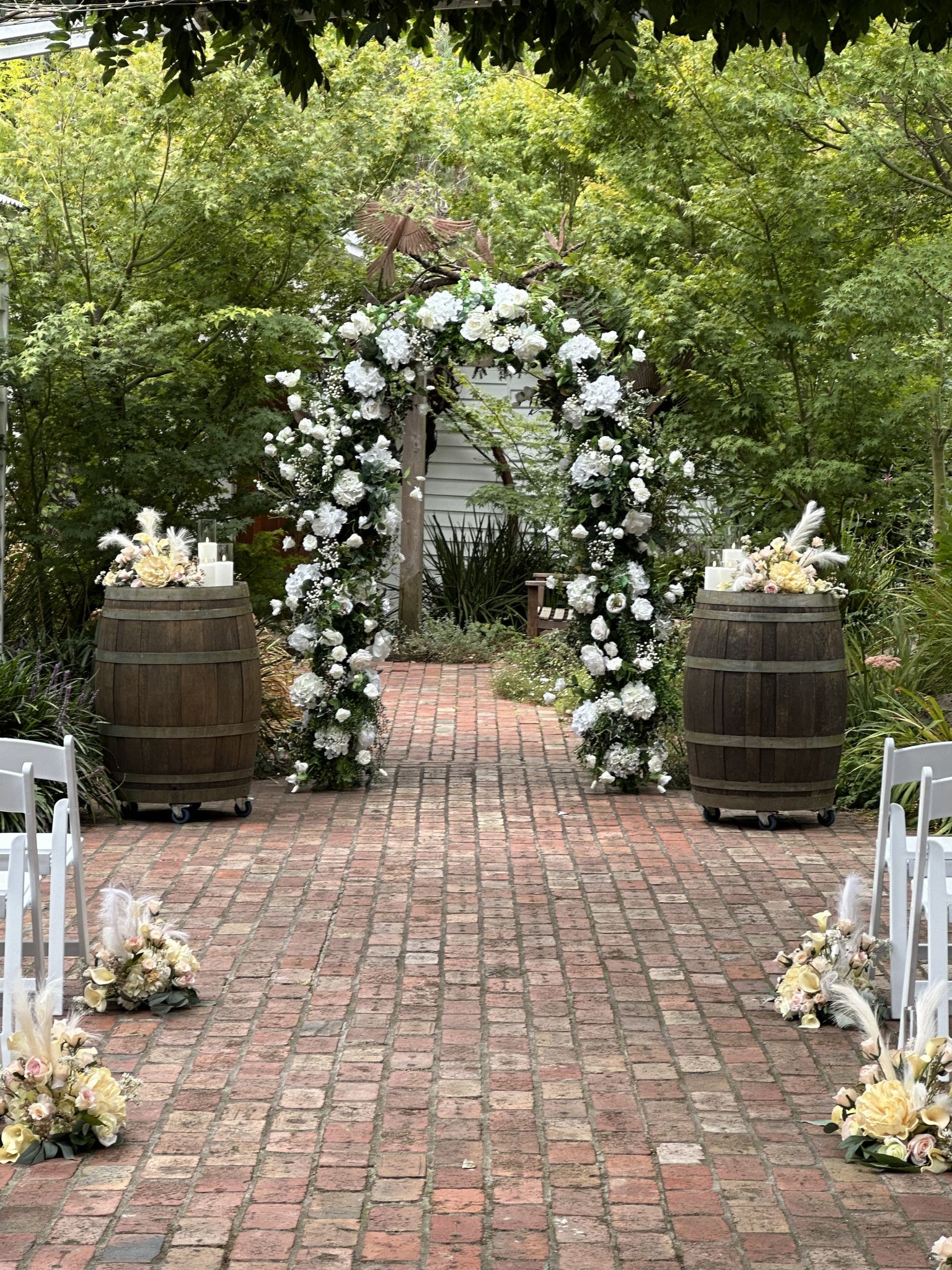 Wedding Ceremony Floral Arch, Wine Barrels, Silk Florals, Wedding Flowers