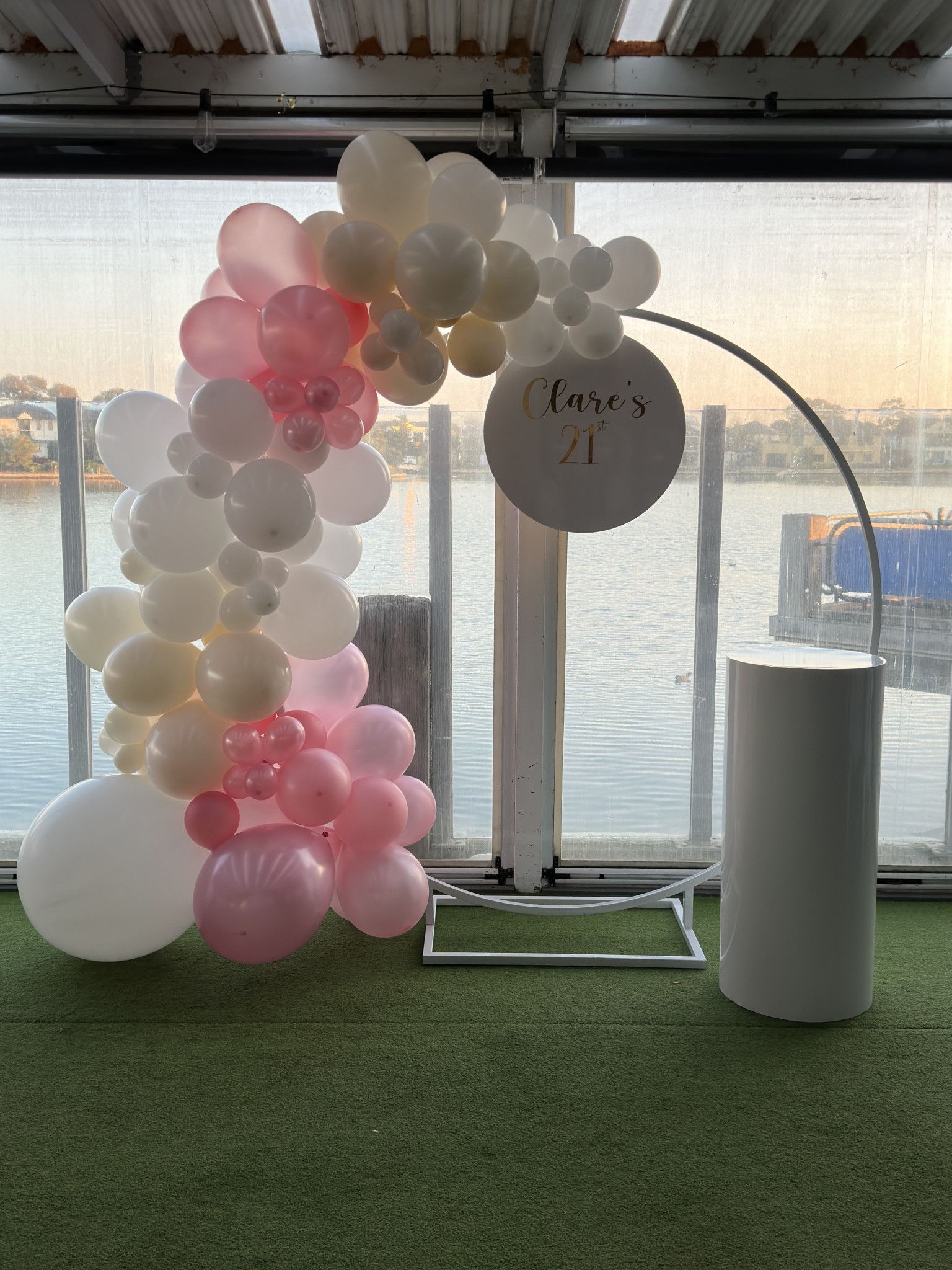 White Hoop, Balloon Garland, Plinth 21st Birthday Backdrop